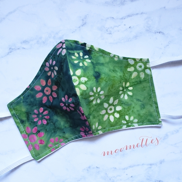 Green Pink Batik Face Mask Floral Handmade USA - Picture 2 of 4